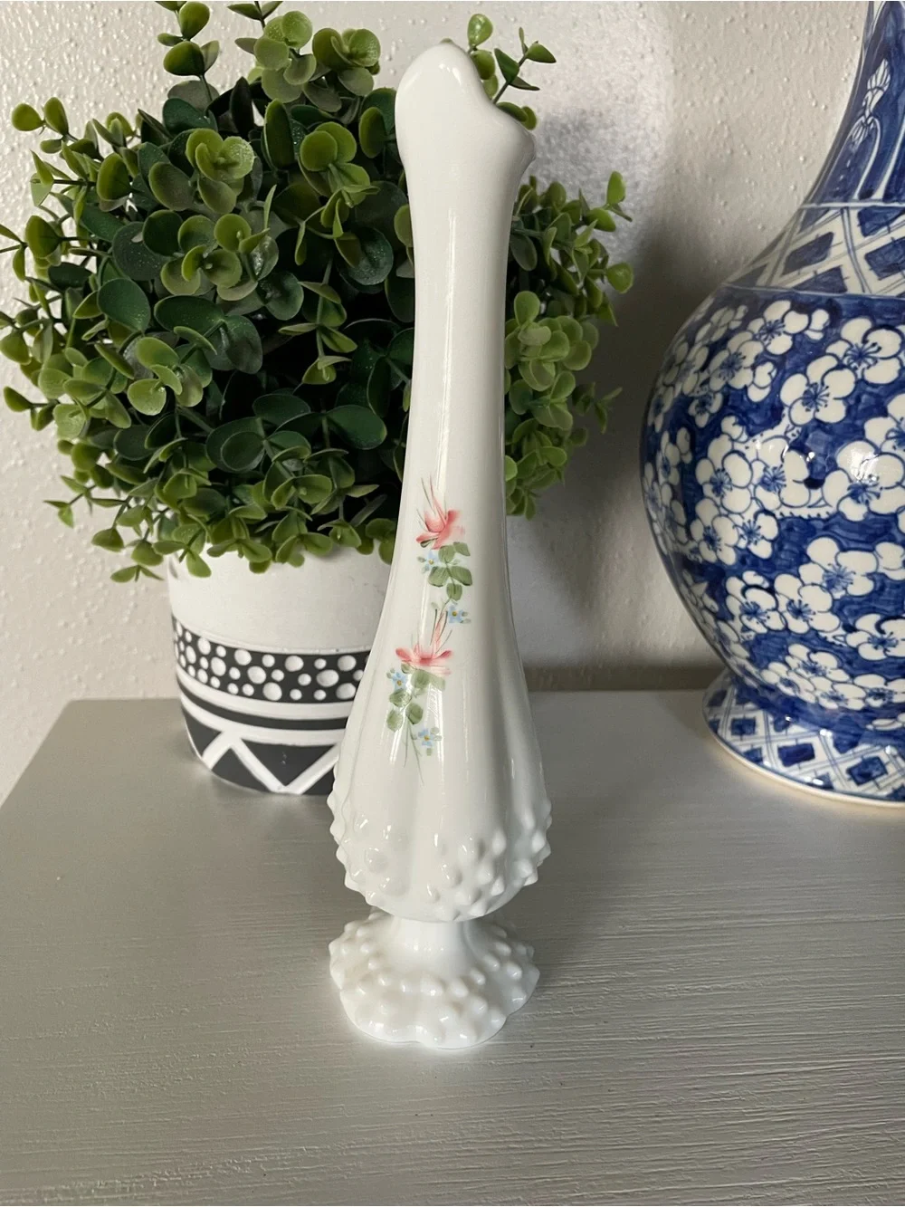 Signed Fenton Rose Garden Milk glass Hobnail Vase signed Sylvia Lesinger